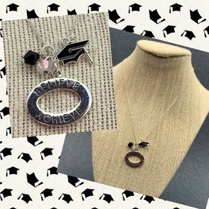 BELIEVE ACHIEVE Silver Necklace Pendant Oval Graduation Cap Black Faceted Irides